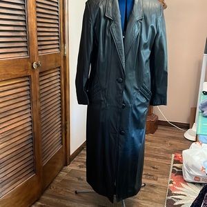 Women’s long black leather coat